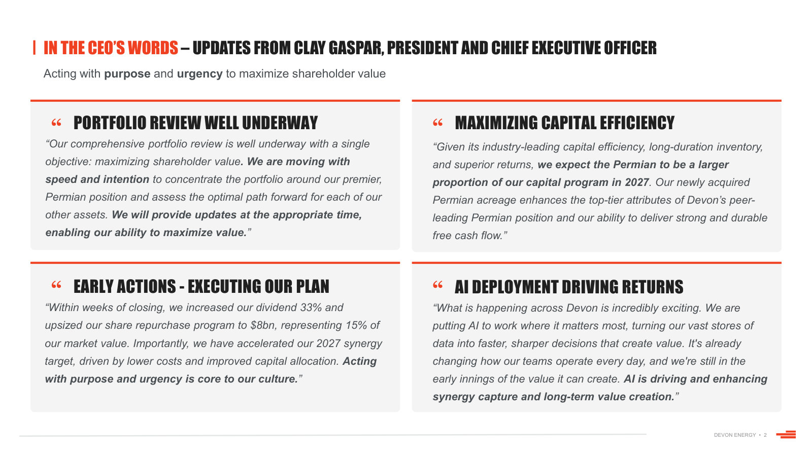 CEO Clay Gaspar's framing of the current plan: a portfolio review to concentrate on the Permian, plus AI and higher shareholder returns.